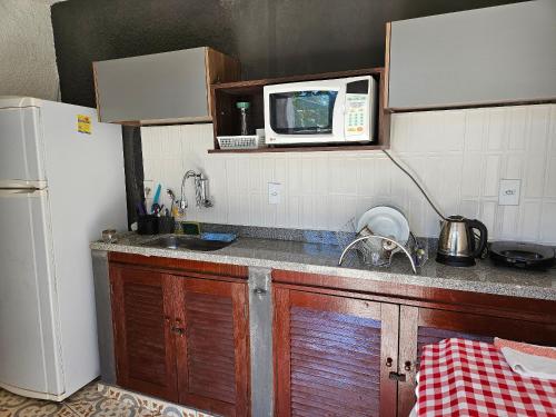 布希奥斯Suite Dupla em Búzios的一间带水槽和微波炉的小厨房