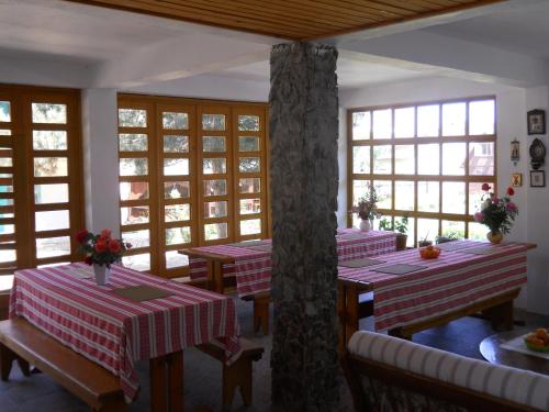 多亚马伊Pensiunea Sapte Pini的餐厅设有红色和白色的桌子和窗户。