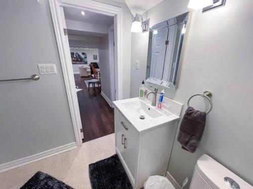 多伦多Spacious & Renovated 1BD Suite w/parking的一间带水槽、卫生间和镜子的浴室