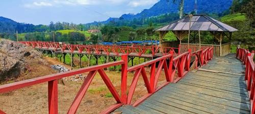 希维德Gunung bangku ciwidey rancabali camp的一座红色的桥,有木人行道和小屋