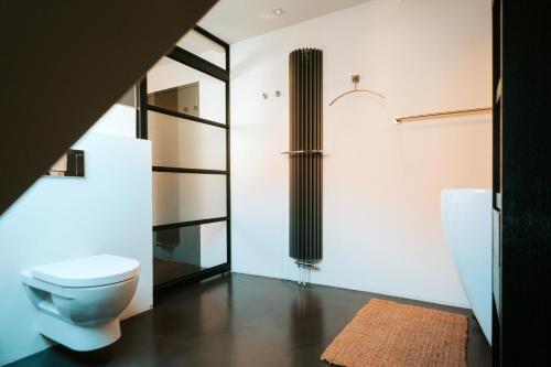 登堡Texels Goud Deluxe Suites的一间带卫生间和玻璃墙的浴室