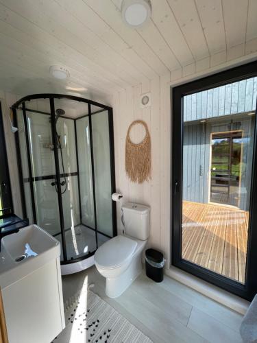 MatīšiPļavas vidū - romantiska brīvdienu māja的一间带卫生间的浴室和大窗户