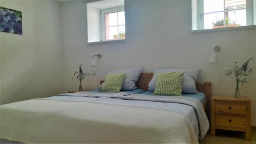 WittersheimFerienwohnungen "Zum Lochfeld"的卧室内的一张带两个绿色枕头的床