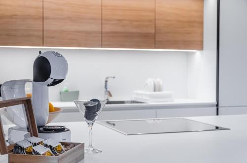 斯洛文尼亚格拉代茨Apartma Vila Center LUX的厨房配有带葡萄酒杯的台面