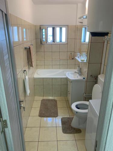 布拉索夫Victoriei Boulevard Private Apartment的带浴缸、卫生间和盥洗盆的浴室