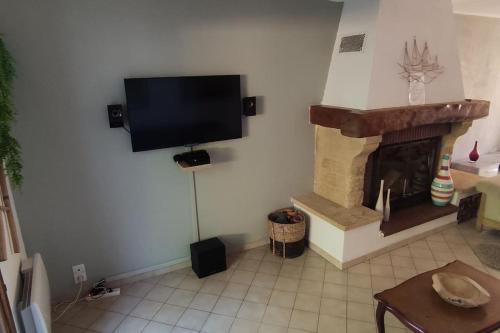 NébianWelcome, Bienvenue, Chez Charly!的客厅设有壁炉和平面电视。