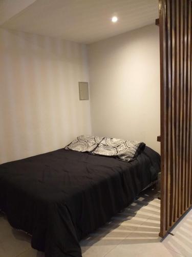 戈多伊克鲁斯Moderno Monoambiente con estacionamiento的一间卧室配有一张带黑色毯子的床
