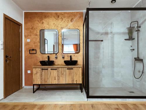 斯科普里Hotel Restaurant Domestika的一间带两个盥洗盆和淋浴的浴室