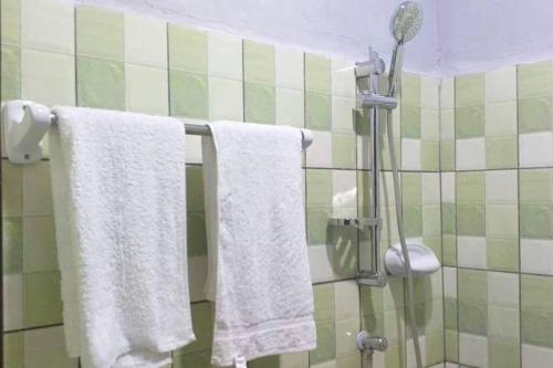OuidahOuidah Lodge的浴室提供悬挂在淋浴间的白色毛巾