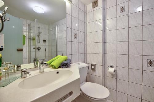 特里尔霍夫艾斯垂切尔酒店的一间带卫生间、水槽和镜子的浴室