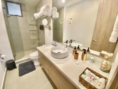 卡塔赫纳Fantastic Apartment/Beach Front Luxury的一间带水槽、卫生间和镜子的浴室
