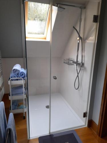 斯托灵顿Pinecroft Barn - Relax & Unwind!的带窗户的浴室内的淋浴间
