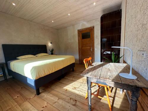 维尔扬迪Magical two bedroom apartment in Viljandi的一间卧室配有一张床和一张桌子