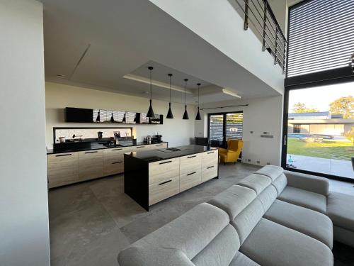 Nové JirnyLuxury VIP Villa 230m2+Pool 37m2的带沙发的客厅和厨房