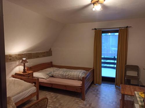 杜什尼基-兹德鲁伊Pokoje, kwatery prywatne przy stoku w Zieleńcu的一间卧室设有一张床和一个窗口