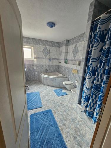 Sanski mostStan Sana-Centar的带浴缸和蓝色垫子卫生间的浴室