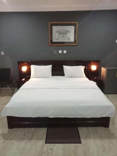 De-Cartos Hotel的卧室内的一张大白色床,配有两盏灯