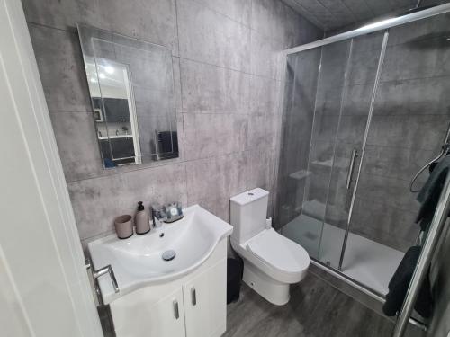 Batley CarrHomestay by BIC Legends 1的浴室配有卫生间、盥洗盆和淋浴。