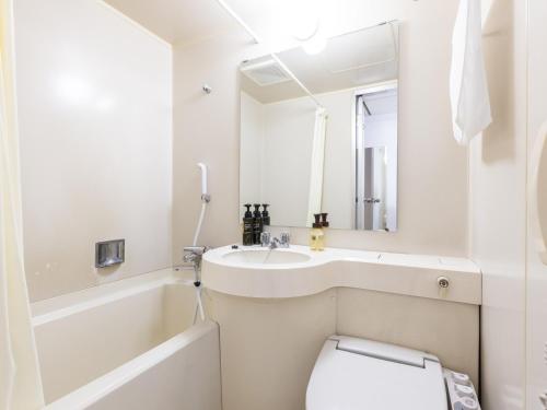 Sukagawa须贺川永国际酒店的白色的浴室设有水槽和卫生间。