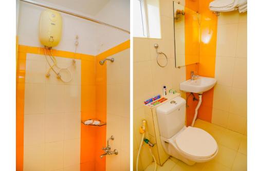 埃尔加德Hotel JK Grand的浴室的两张照片,配有卫生间和水槽