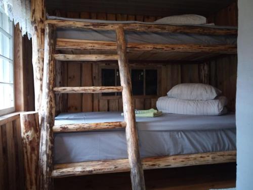 PärispeaTiny Cozy House的一张带枕头的木制双层床