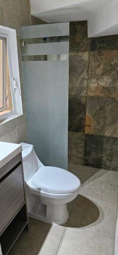 瓜达拉哈拉Privanza的一间带卫生间和石墙的浴室