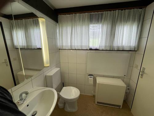 希格斯多夫Ferienwohnung Zirbelweg的一间带水槽、卫生间和镜子的浴室