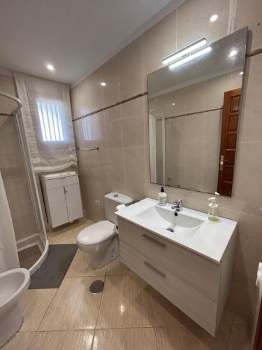 洛斯克里斯蒂亚诺斯Apartamento en Los Cristianos的一间带水槽、卫生间和镜子的浴室