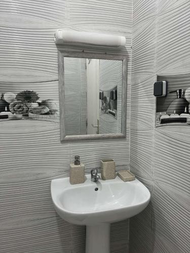 PamandziSublimes T2 à 2 min à pied de l'aéroport的浴室设有白色水槽和镜子