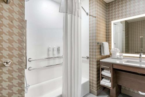 列克星敦Home2 Suites Lexington Keeneland Airport, Ky的带淋浴和盥洗盆的浴室