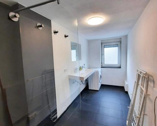 尼尔廷根home2stay worker house Nürtingen HS29的白色的浴室设有水槽和淋浴。