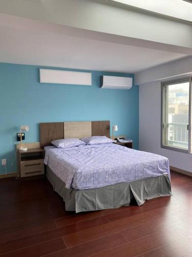 蒙得维的亚Apartamento en Barrio Sur DOS HABITACIONES的一间卧室设有一张床和蓝色的墙壁