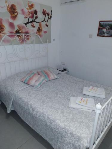 拉纳卡Mikis Studio Type Aprt.的一间卧室配有一张床,上面有两条毛巾