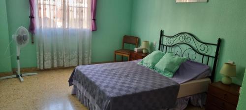 代穆斯Trandelu的一间卧室配有一张带绿色墙壁的床和风扇