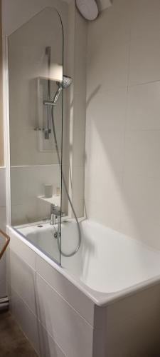 坎佩尔Studio Roy Gradlon Quimper的带淋浴和浴缸的白色浴室
