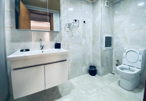 伊斯坦布尔HOTEL ÖZSEFA的白色的浴室设有水槽和卫生间。