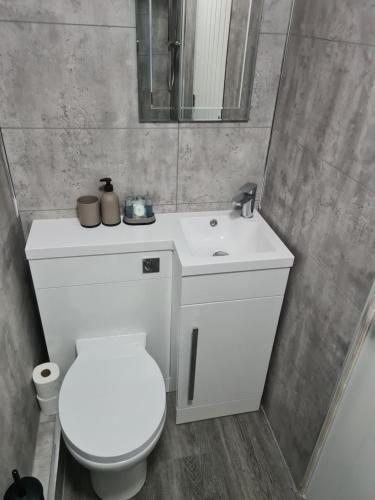 Batley CarrHomestay by BIC Legends 2的浴室配有白色卫生间和盥洗盆。