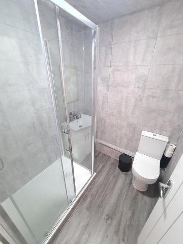Batley CarrHomestay by BIC Legends 3的带淋浴、卫生间和盥洗盆的浴室