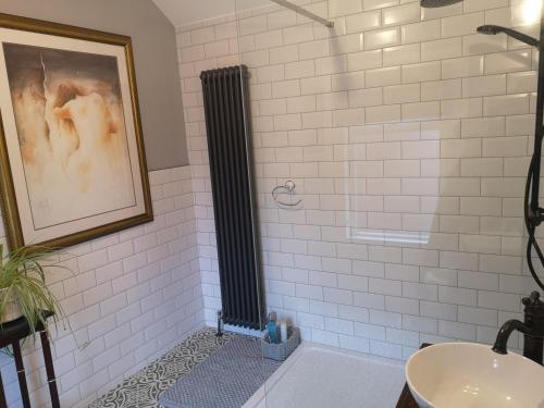 贝尔法斯特Cosy Town House的浴室设有黑色散热器和淋浴