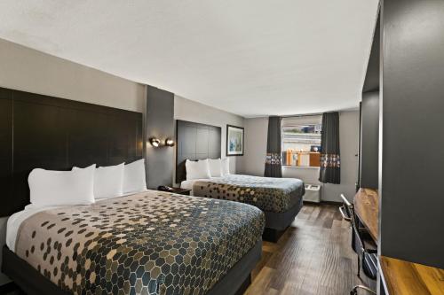奥斯汀Scottish Inns Austin Downtown的酒店客房设有两张床和窗户。