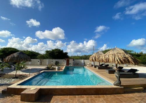 努尔德Pura Vida Aruba Appartement Palma的一个带两把遮阳伞的游泳池和一个度假村