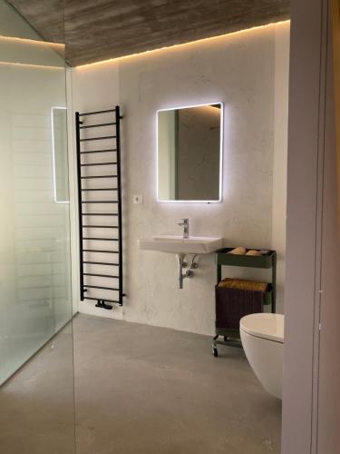 JetřichovicePension Merano的浴室配有盥洗盆、镜子和浴缸