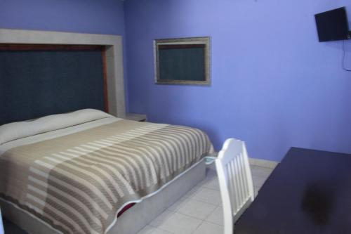 杜兰戈HN Hotel的一间卧室设有一张床和蓝色的墙壁