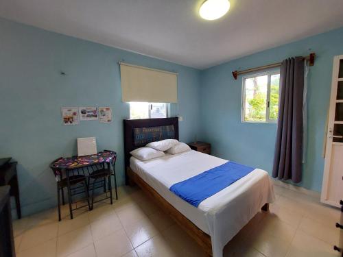 科苏梅尔Habitación Cozumel的蓝色卧室,配有床和桌子