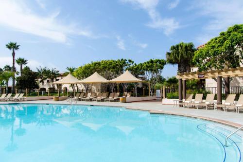 圣巴巴拉圣巴巴拉海滨度假希尔顿酒店的度假村的游泳池,配有椅子和遮阳伞