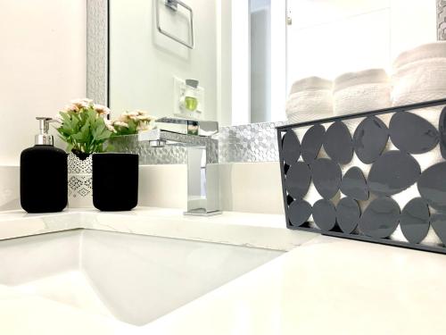 三角洲Luxurious & Stylish Two Bedroom Suite, Full Kitchen, Close to Vancouver的白色的浴室设有水槽和镜子