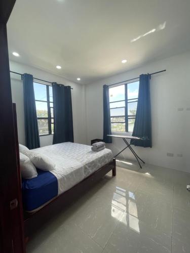 乔治敦Apex Boutique apartments的一间卧室配有一张带蓝色窗帘和窗户的床。