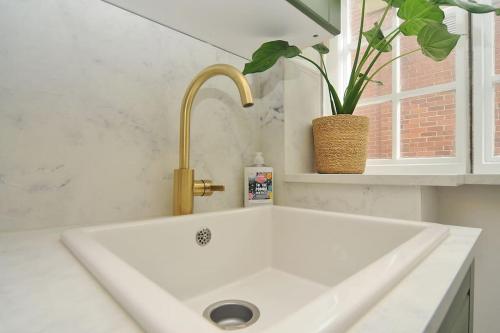 普里茅斯Stylish apartment, Barbican的白色水槽,有水龙头和盆栽植物