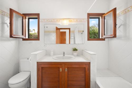 桑特柳伊斯Villa Michaela的一间带水槽、卫生间和镜子的浴室