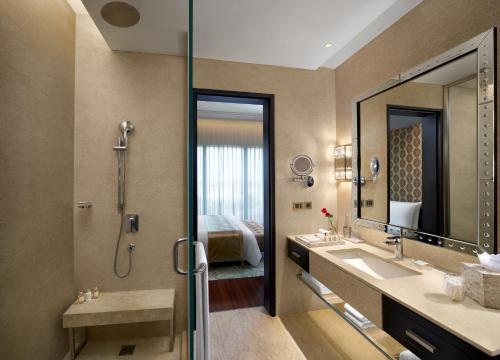 甘地讷格尔The Leela Gandhinagar的带淋浴、盥洗盆和镜子的浴室